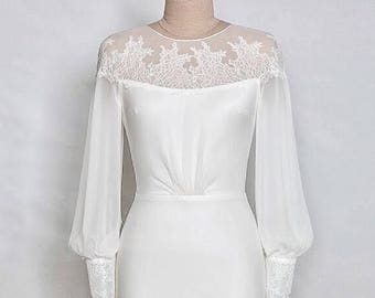 Silk Single Georgette Long Sleeve Wedding Gown With Shoulder Yoke/ Vintage Wedding Dress/ Romantic Bridal Gown/ Bohemian Gown/ DARIA
