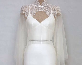 Bridal cape beaded lace tulle Lace cape Ivory boho cape Vintage wedding cape Bridal cover up Wedding capelet Wedding poncho