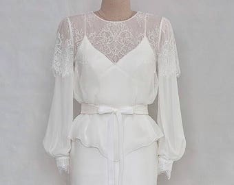 Lace bridal bolero Long sleeve lace top Bridal cover up Silk bridal blouse top White lace blouse Vintage bridal top Sheer wedding top