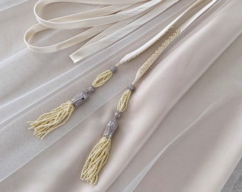 Thin wedding sash belt with pearl tassels Skinny off white jeweled silk bridal sash Rustic wedding tie belt Boho bridal narrow belt