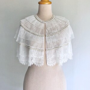 Short bridal lace cape/Off white wedding capelet with pleated tulle trim image 5