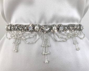 Wedding beaded crystal belt Gown sash Wedding waist bow belt Bridal thin jeweled sash belt Skinny off white sparkly sash Boho bridal belt