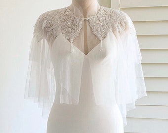 Beaded tulle bridal cape Off white wedding cover up Bridal capelet