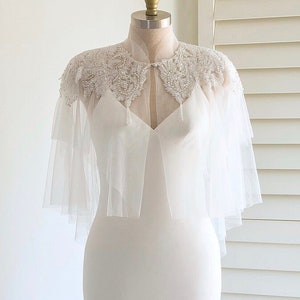 Beaded tulle bridal cape Off white wedding cover up Bridal capelet