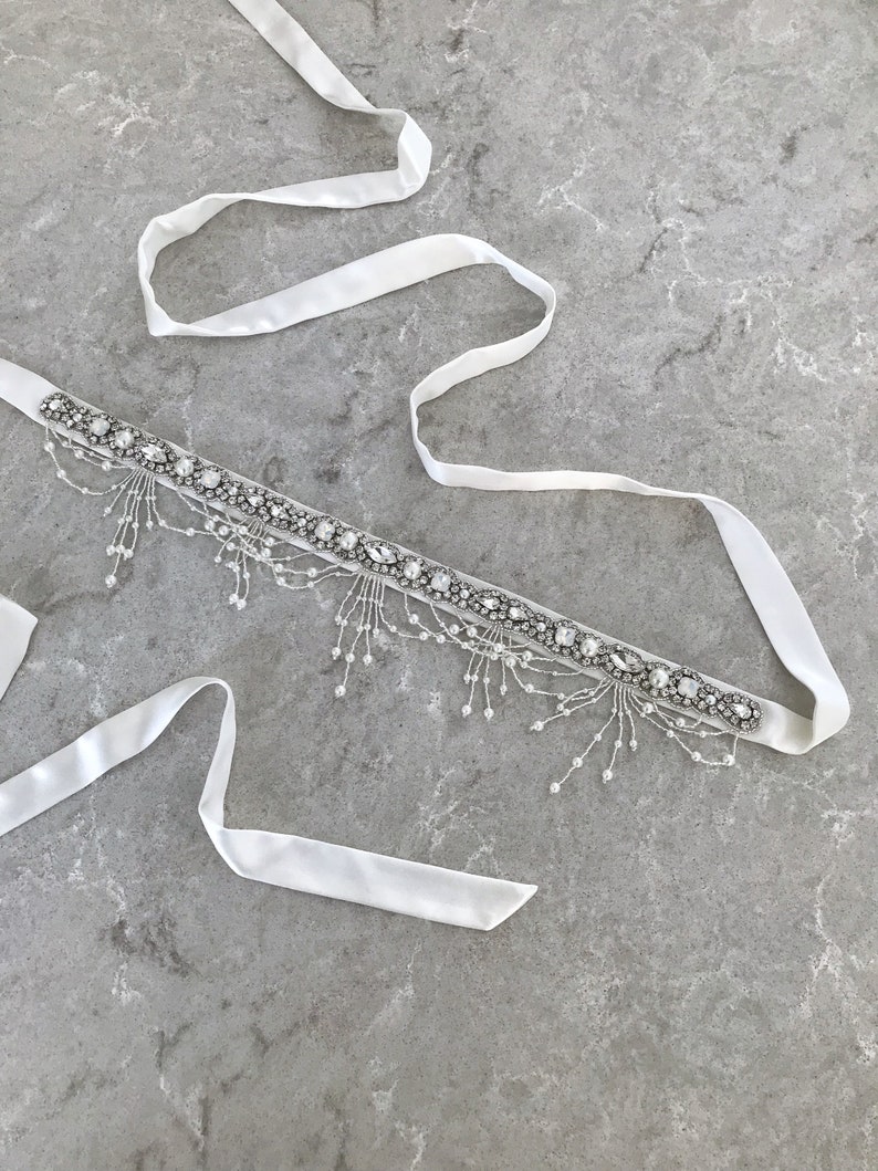 Wedding beaded crystal belt Gown sash Wedding waist bow belt Bridal thin jeweled sash belt Skinny off white sparkly sash Boho bridal belt image 4