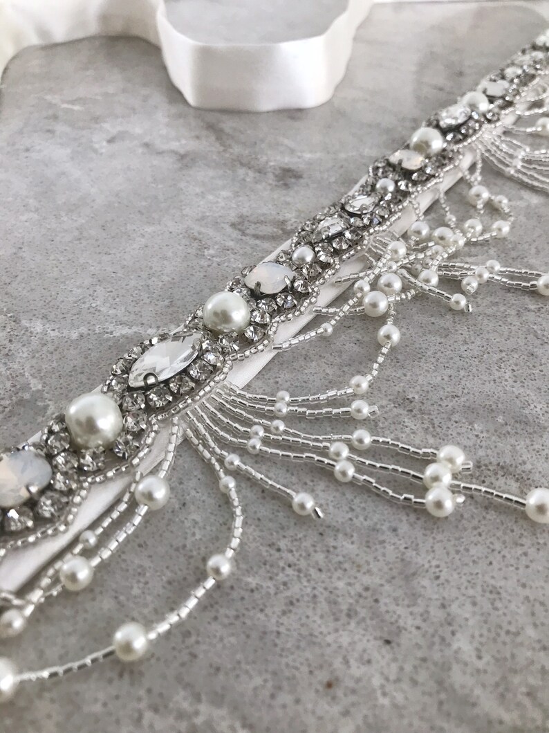 Wedding beaded crystal belt Gown sash Wedding waist bow belt Bridal thin jeweled sash belt Skinny off white sparkly sash Boho bridal belt image 6