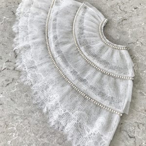 Short bridal lace cape/Off white wedding capelet with pleated tulle trim image 8