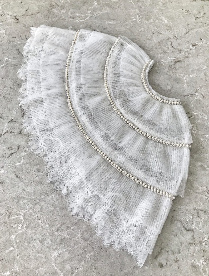 Short bridal lace cape/Off white wedding capelet with pleated tulle trim image 8