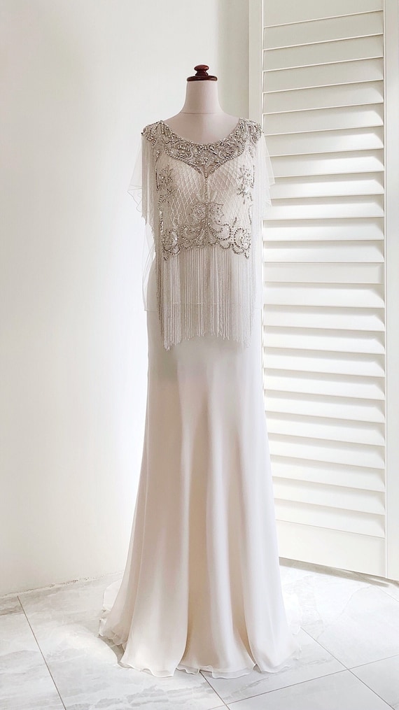 beaded flapper wedding dress Gatsby fringe top Bridal Art Deco topper Color:Black Swan 100% nylon tulle in SCH006667_DBL_XXL Adidas Versatile Rib Side