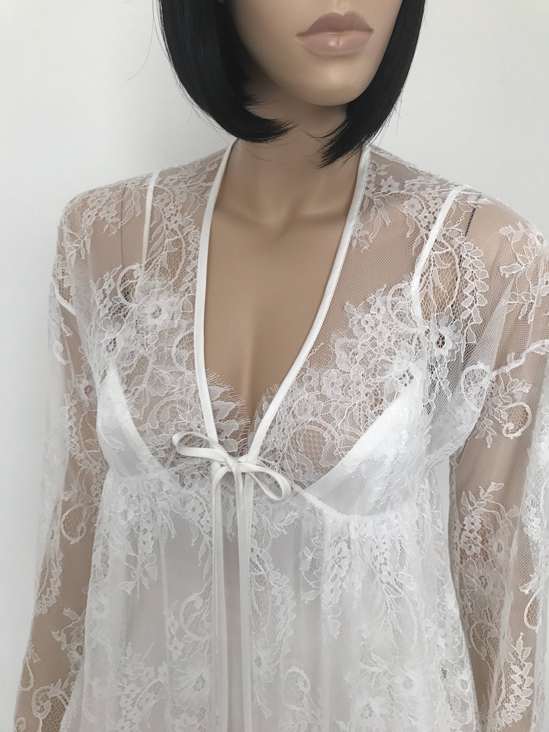 Silk bridal lingerie Lace robe Honeymoon lingerie Lace dressing gown Satine sleepwear Silk lingerie set Boudoir lace sexy robe Silk pajamas image 3