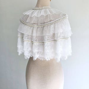 Short bridal lace cape/Off white wedding capelet with pleated tulle trim image 6