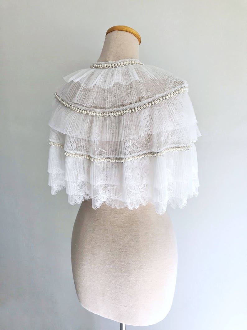 Short bridal lace cape/Off white wedding capelet with pleated tulle trim image 6