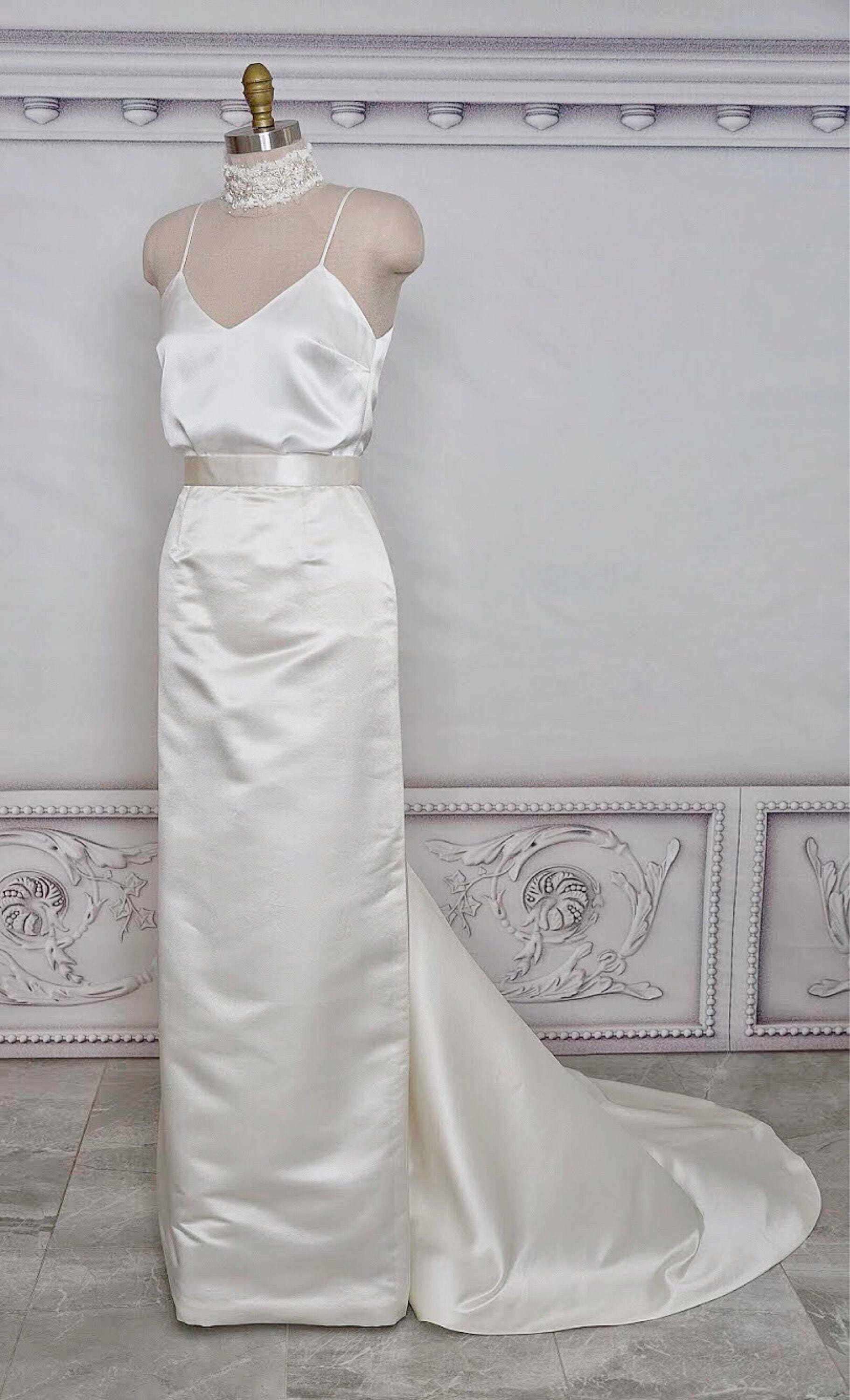 satin cami wedding dress Exquisite Royal Satin Wedding Dress | Classic Minimalism Style | Draped Corset | Seductive Wrap Skirt | Pockets