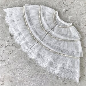 Short bridal lace cape/Off white wedding capelet with pleated tulle trim image 7