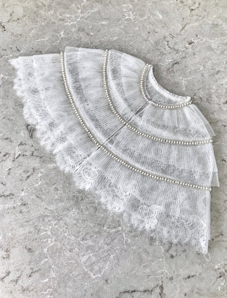 Short bridal lace cape/Off white wedding capelet with pleated tulle trim image 7