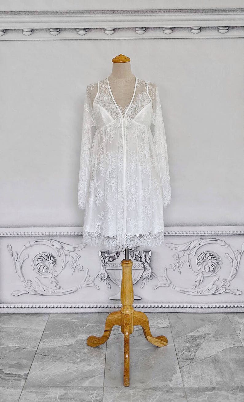 Silk bridal lingerie Lace robe Honeymoon lingerie Lace dressing gown Satine sleepwear Silk lingerie set Boudoir lace sexy robe Silk pajamas image 2