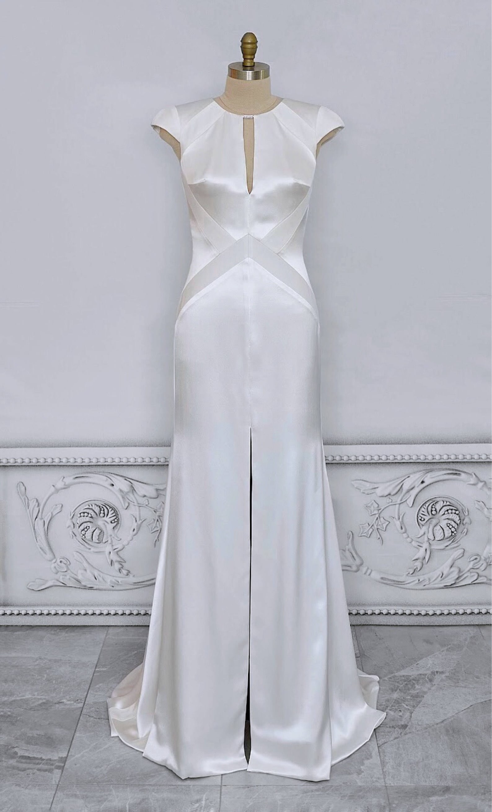 High Slit Cap Sleeves Wedding Dress,Vintage Satin Open Back Bridal Dress,WD00779 main image 0