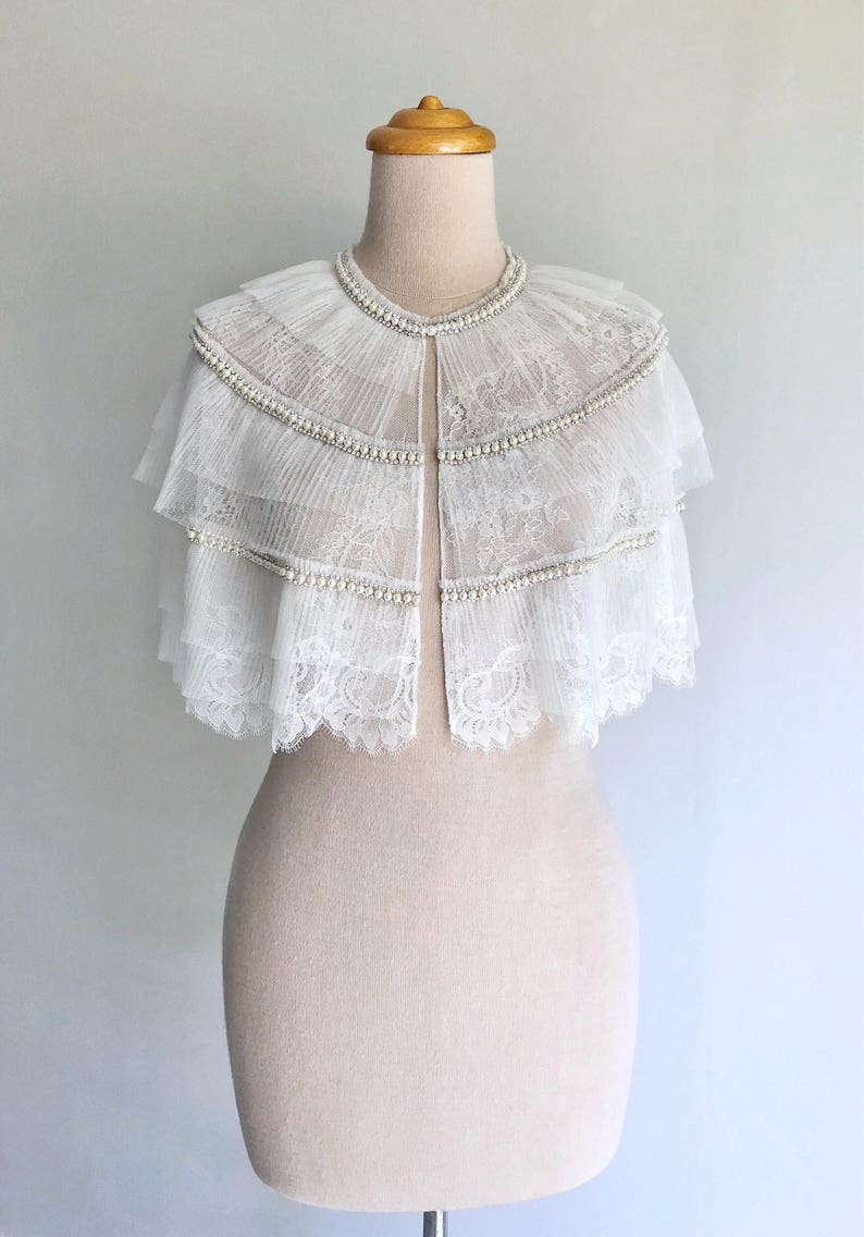 Short bridal lace cape/Off white wedding capelet with pleated tulle trim image 5