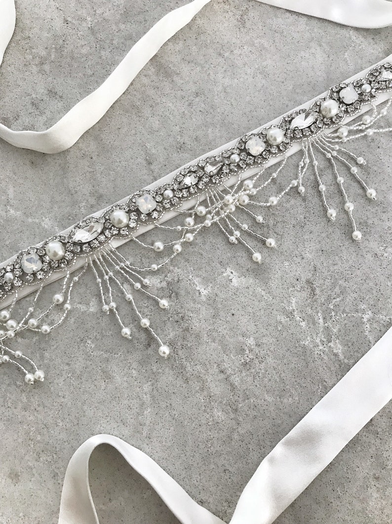 Wedding beaded crystal belt Gown sash Wedding waist bow belt Bridal thin jeweled sash belt Skinny off white sparkly sash Boho bridal belt image 5