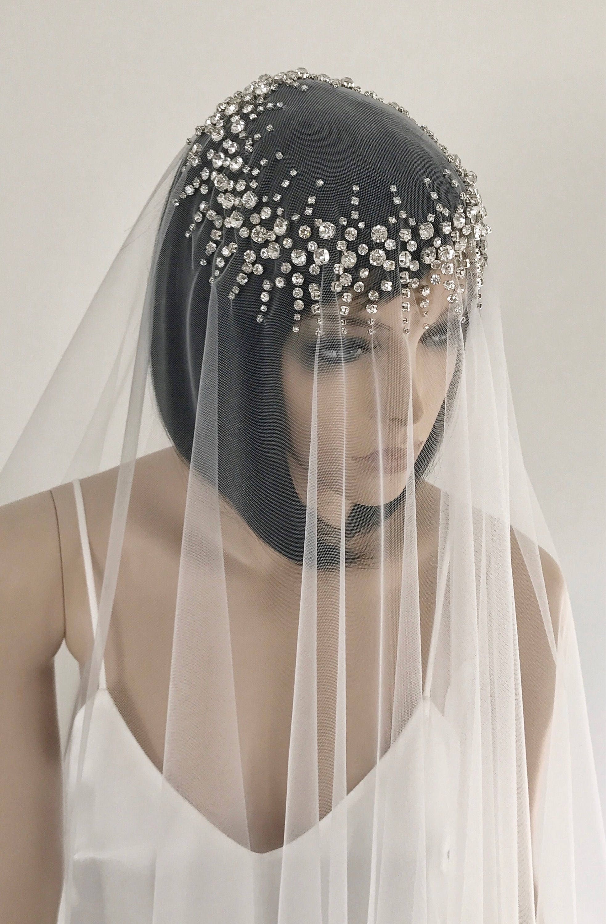 Beaded bridal veil Blusher wedding veil Off white beaded veil Etsy