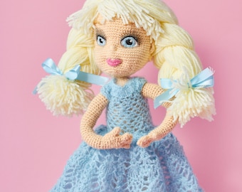 blue crochet personalized doll, ooak doll