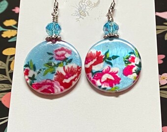 Floral bead on sky blue background with stainless steel ear hooks handmade by girlswithglassesltd