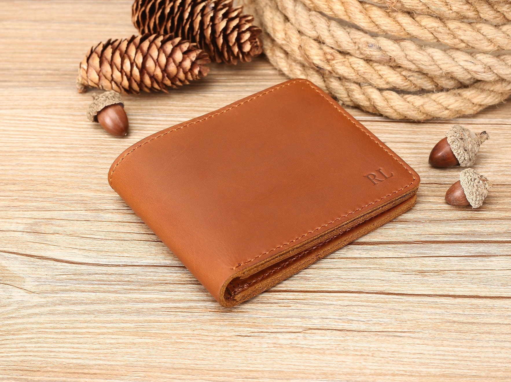 Minimal Leather Wallet - USA Made, Leather Chain Loop Strap, Tan, Monogrammed, Full Grain Leather, Handmade by Mr. Lentz