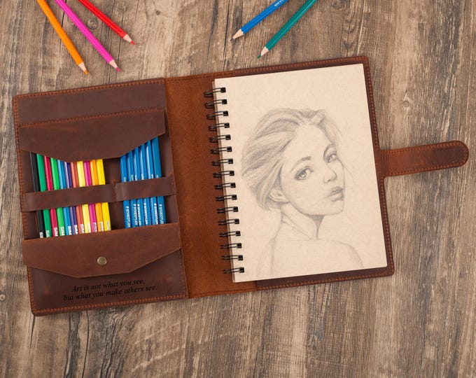 Handmade Personalized Leather Sketchbook Cover for 5.5"x8.5" Sketchpads, Artist Case, Drawing Cover, Artists gifts