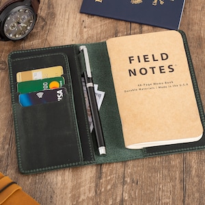 Leather Travel Journal Cover, Leather Notebook Cover, 3.5&quot; x 5.5&quot; Field Notes, Personalized Refillable Journal Cover with Pen Loop