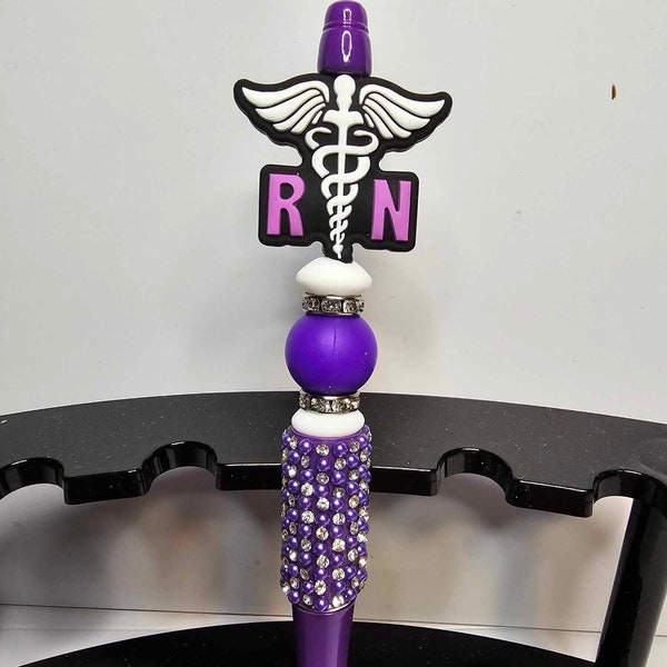 RN Nursing Beaded Pen with Silicone Beads, Rhinestone Crystal and Pearl Big Bling Purple Pen, Medical, Crazy Pills, Fukitol, Blood, Shot, IV