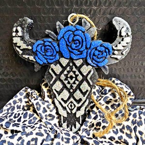 Diamond Silver and Blue Glitter Bull Skull Car Freshie w/ Roses, NAKED CACTUS Scent