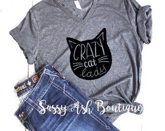 MISSES Crazy Cat Lady V Neck Womans Graphic T Shirt Color Regular and Plus Size