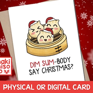 Tarjeta de Navidad con DIM SUM - Saludo de amor, Novio, Novia, Impresión, Aniversario, Amigo, Lindo juego de palabras de Navidad, Comida, Fiestas, San Valentín