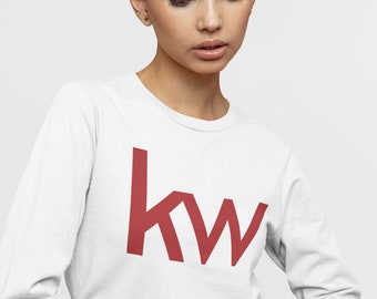 May include: White long-sleeve shirt with a red "kw" logo printed on the front.