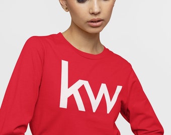 May include: Red long-sleeve shirt with a white "kw" logo printed on the front.