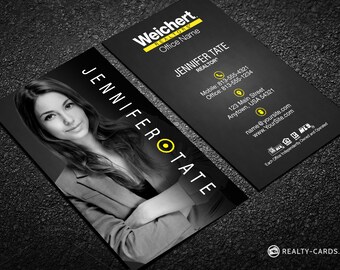 May include: Black and white business card with a woman's headshot on the left side and contact information for Jennifer Tate, a realtor with Weichert Realtors on the right side.