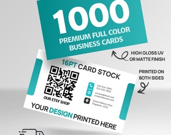 May include: A mockup of a business card design with a teal background and white text. The card features a QR code, contact information, and the text "1000 Premium Full Color Business Cards". The card also includes the text "16pt Card Stock", "Our Etsy Shop", and "Your Design Printed Here".