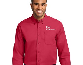 May include: A red long-sleeve button-down shirt with a white pocket and the logo "kw KELLERWILLIAMS."
