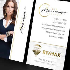 May include: A white business card with gold accents featuring a woman's headshot and the text "Olivia Alexander REALTOR" with contact information and the RE/MAX logo.