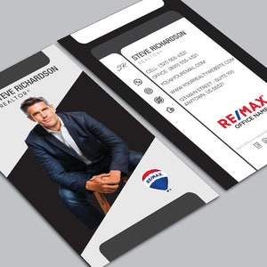 May include: A black and white business card with a photo of a man in a suit. The card has the text "SR STEVE RICHARDSON REALTOR" on the front and "RE/MAX OFFICE NAME" on the back.