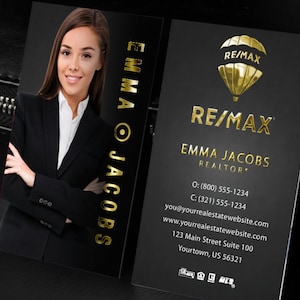 May include: Black and gold business card with the RE/MAX logo, a hot air balloon, and the text "RE/MAX", "Emma Jacobs", "Realtor", "O: (800) 555-1234", "C: (321) 555-1234", "you@yourrealestatewebsite.com", "www.yourrealestatewebsite.com", "123 Main Street Suite 100", "Yourtown, US 56321".