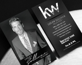 Business Cards for KW Agents - Vertical Design w/ KW Realty Logo - Keller Williams Business Card - Free U.S. Shipping - Optional 3D Foil