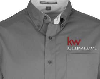 May include: Gray long-sleeve button-down shirt with a red embroidered "kw" logo and the text "KELLERWILLIAMS."
