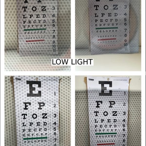 May include: Two eye charts, one in low light and one in bright light, showing the letters E, FP, TOZ, LPED, PECFD, EDFCZP, FELOPZD, DEFPOTEC, LEFOPTC, FEDLTOCH, and PEFDLCYPS. The charts are numbered 1 through 11.