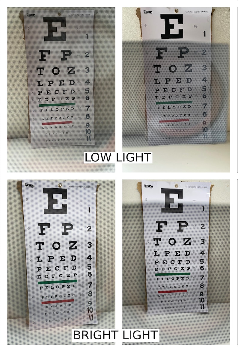 May include: Two eye charts, one in low light and one in bright light, showing the letters E, FP, TOZ, LPED, PECFD, EDFCZP, FELOPZD, DEFPOTEC, LEFOPTC, FEDLTOCH, and PEFDLCYPS. The charts are numbered 1 through 11.