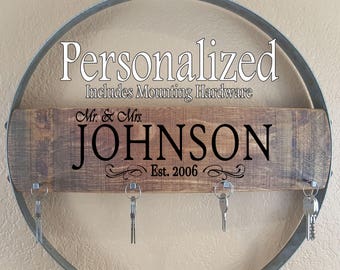 PERSONALIZED! Laser ENGRAVED Wine Barrel Hoop & Stave Key Hanger Custom Rustic Furniture Home