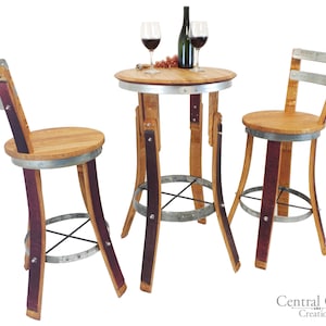 May include: A wine barrel set with two chairs and a table. The chairs and table are made from reclaimed wine barrels and have a rustic look. The table has a round top and a metal base. The chairs have a back and a metal footrest.