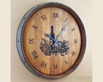 Wine Barrel Top Clock W/ Wine Glass Engraving Rustic Furniture Home Decor