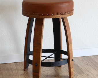 Swivel Top Whiskey Wine Barrel Stave Bar Stool W/ Upholstered Nailhead Trim Seat 24" 26" 28" 30" Sit Height Rustic Furniture Bar Bistro Pub