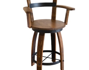 Swivel Top Whiskey Wine Barrel Stave Bar Stool W/ Armrest 24" 26" 30" Sit Height Rustic Furniture Bar Home Décor Bistro Pub